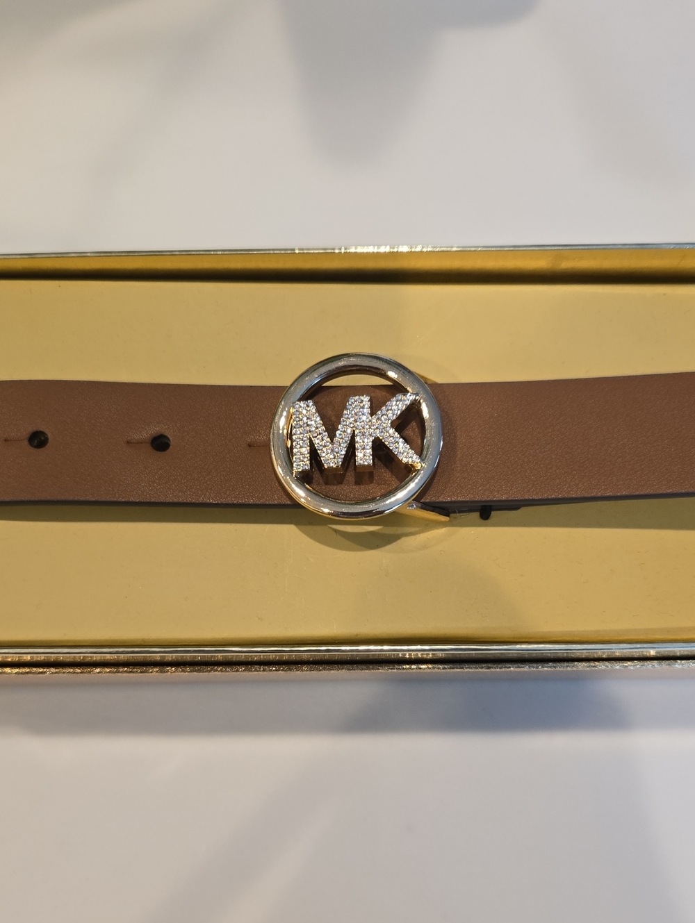Michael Kors Tan Leather Belt with Crystal MK Circle Buckle